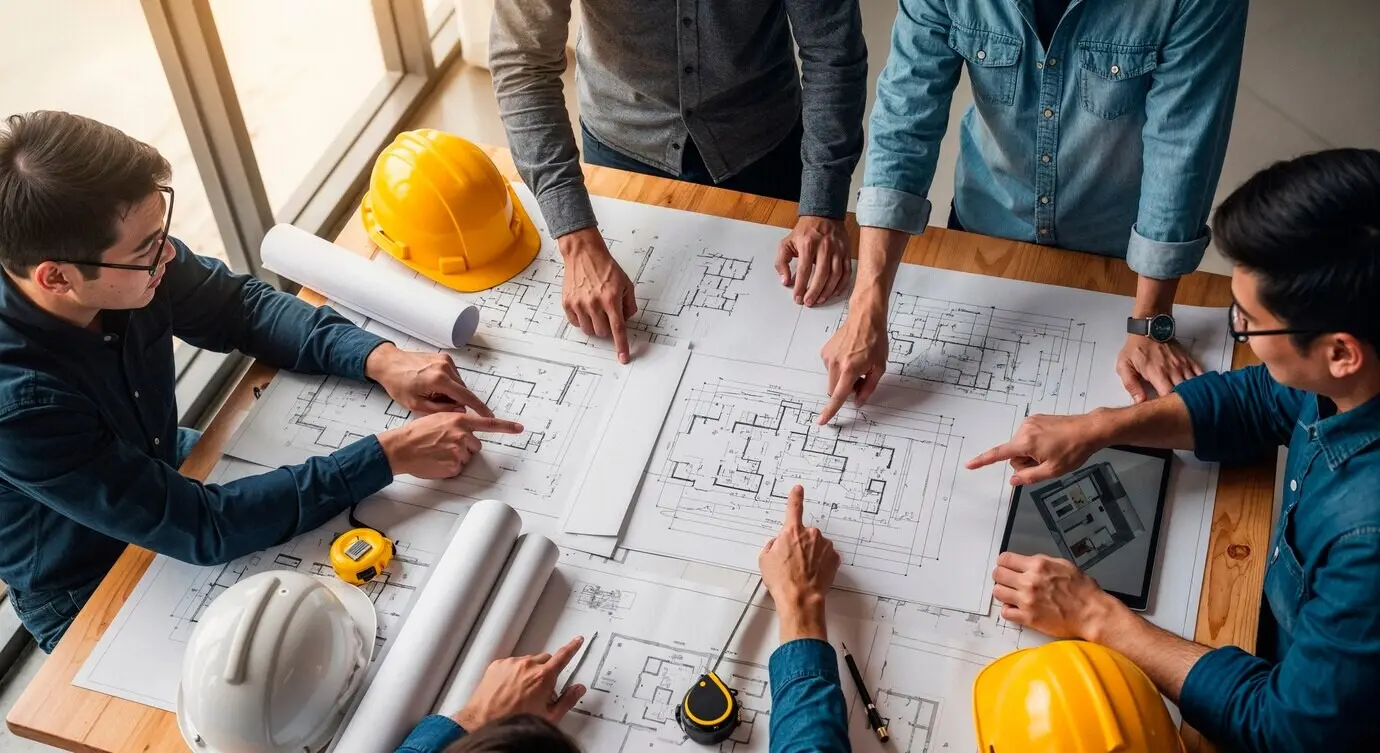 Auf einer Baustelle arbeiten Architekten gemeinsam an Bauplänen.